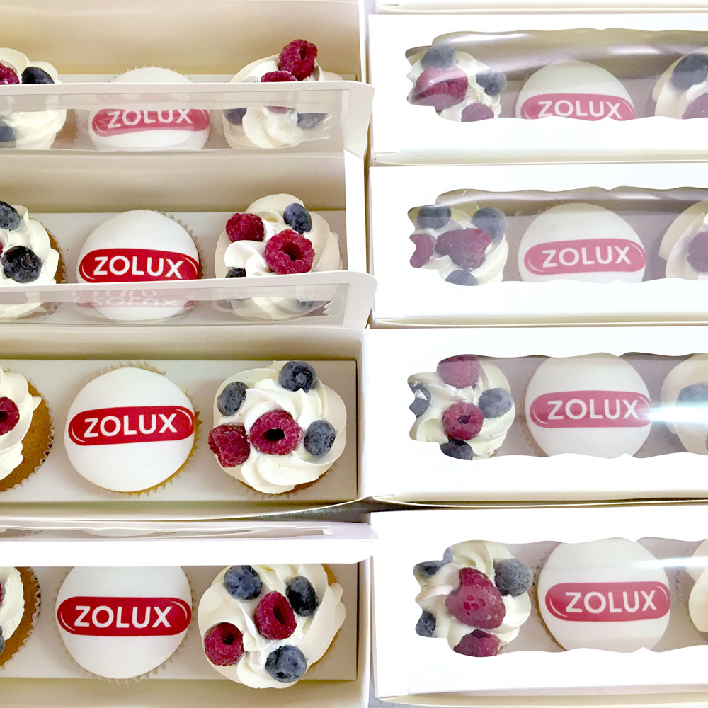 Корпоративные подарки от компании ZOLUX - капкейки с логотипом и свежими ягодами