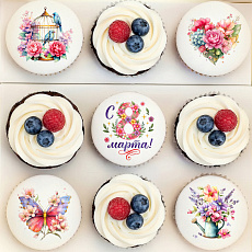 Капкейки "С 8 марта" с кремом и мастикой - 9 шт.