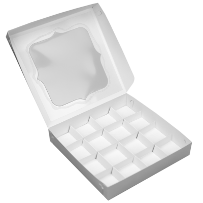 Коробка 16 макарун квадратная с окном белая 23х23